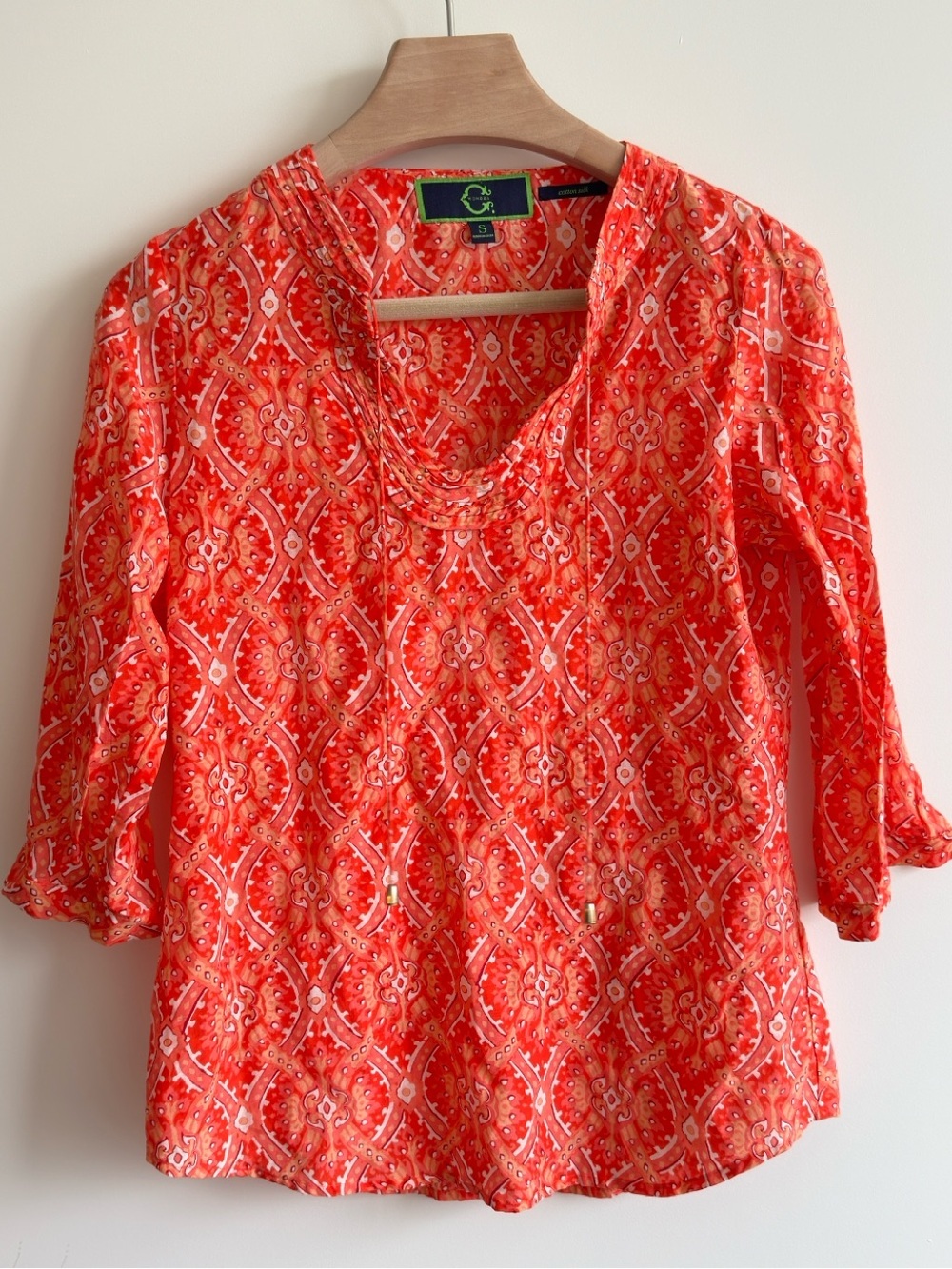 C. Wonder Cotton Silk Printed Blouse Size Small Coral Pink Orange 3/4 Sleeve
